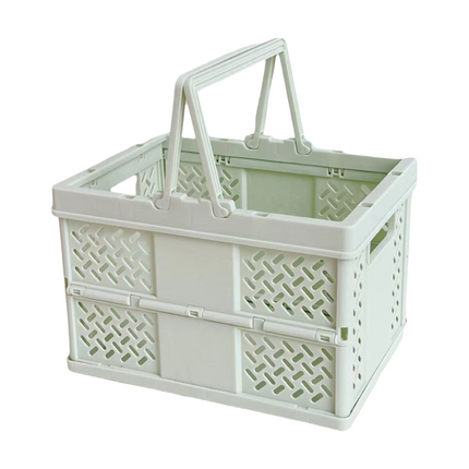 Green Foldable Storage Basket with Handles - Portable Multi Purpose Desktop Organiser Crate for Snacks, Kitchen Storage, Books and Household Essentials