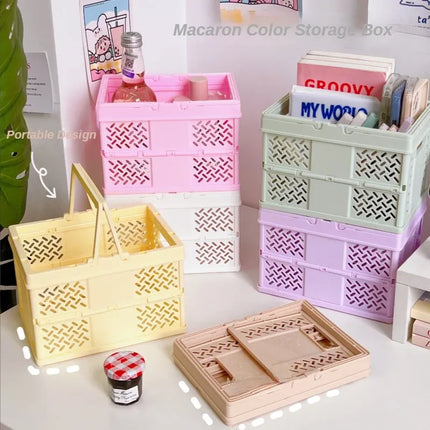 Green Foldable Storage Basket with Handles - Portable Multi Purpose Desktop Organiser Crate for Snacks, Kitchen Storage, Books and Household Essentials