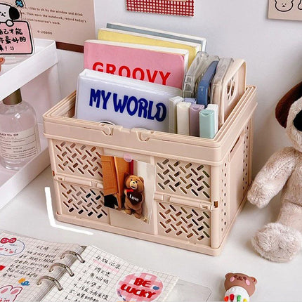 Brown Foldable Storage Basket with Handles - Portable Multi Purpose Desktop Organiser Crate for Snacks, Kitchen Storage, Books and Household Essentials