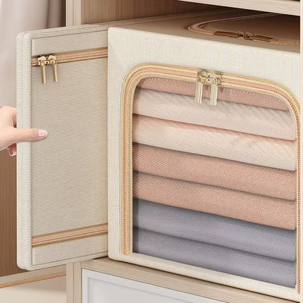 Khaki 31L Slim Foldable Clothes Storage Box Large Capacity Fabric Wardrobe Organiser with Clear Window Dustproof