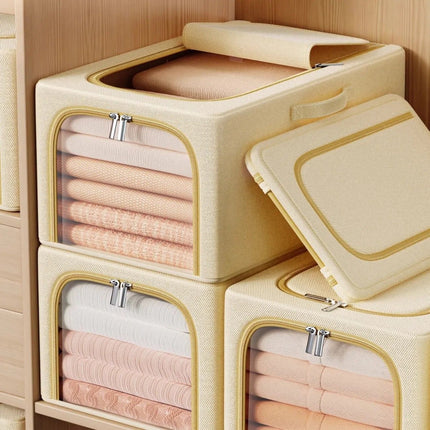 Khaki 31L Slim Foldable Clothes Storage Box Large Capacity Fabric Wardrobe Organiser with Clear Window Dustproof