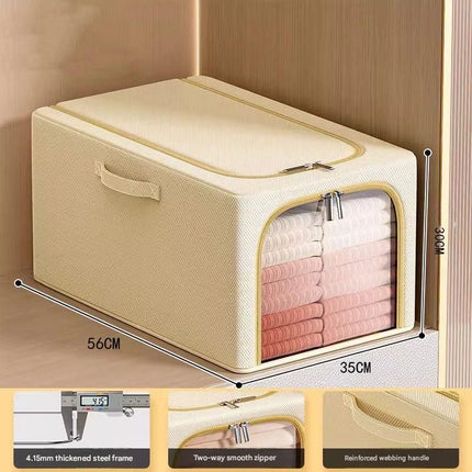Khaki 56L Slim Foldable Clothes Storage Box Large Capacity Fabric Wardrobe Organiser with Clear Window Dustproof