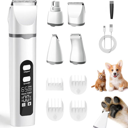 Pet Hair Clipper and Nail Grinder Kit Electric Dog Cat Grooming Trimmer with Multiple Heads and Digital Display