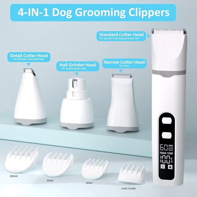 Pet Hair Clipper and Nail Grinder Kit Electric Dog Cat Grooming Trimmer with Multiple Heads and Digital Display