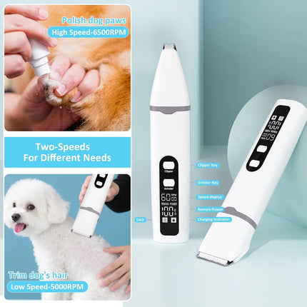 Pet Hair Clipper and Nail Grinder Kit Electric Dog Cat Grooming Trimmer with Multiple Heads and Digital Display