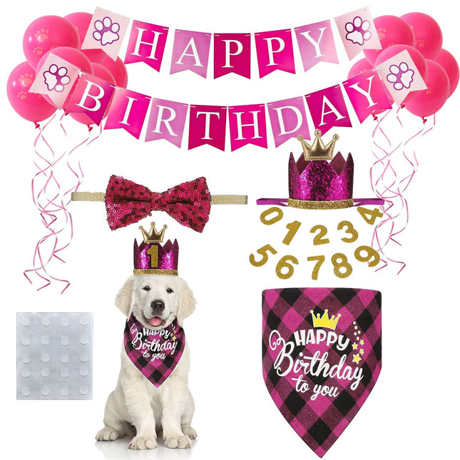 Pet Birthday Party Decoration Set Dog Birthday Bandana Hat Bow Tie Balloons and Happy Birthday Banner Kit