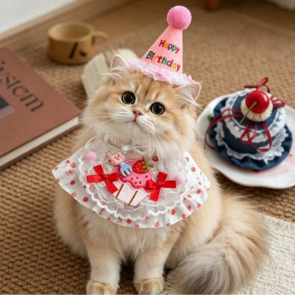 Size M Pink Pet Birthday Party Supplies Strawberry Cake Bib and Hat Set Cat Dog Costume Photo Shoot Outfit
