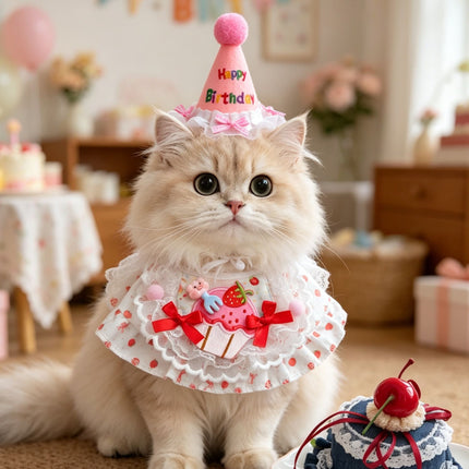 Size L Pink Pet Birthday Party Supplies Strawberry Cake Bib and Hat Set Cat Dog Costume Photo Shoot Outfit