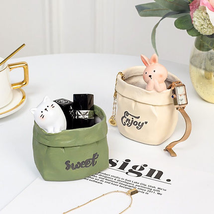 Creative Animal-Themed "Paper Bag" Pen Holder (Rabbit) — Resin Desktop Organizer | Cute Cartoon Pencil Cup, Planter, & Storage Container | Home & Office Desktop Decor