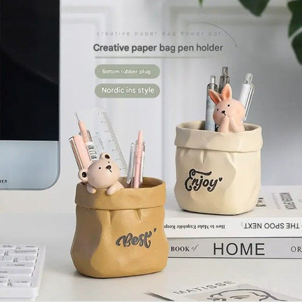 Creative Animal-Themed "Paper Bag" Pen Holder (Rabbit) — Resin Desktop Organizer | Cute Cartoon Pencil Cup, Planter, & Storage Container | Home & Office Desktop Decor