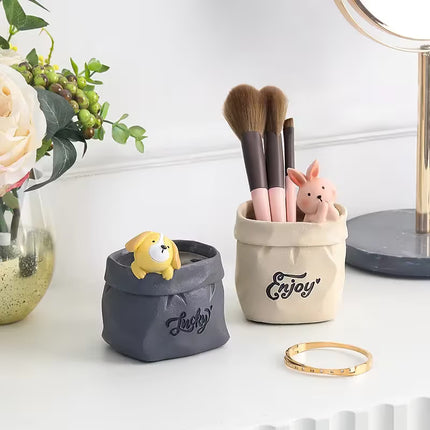 Creative Animal-Themed "Paper Bag" Pen Holder (Cat) — Resin Desktop Organizer | Cute Cartoon Pencil Cup, Planter, & Storage Container | Home & Office Desktop Decor