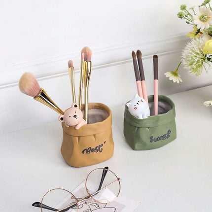 Creative Animal-Themed "Paper Bag" Pen Holder (Cat) — Resin Desktop Organizer | Cute Cartoon Pencil Cup, Planter, & Storage Container | Home & Office Desktop Decor