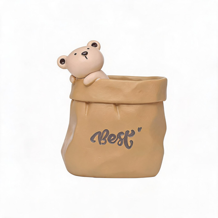 Creative Animal-Themed "Paper Bag" Pen Holder (Bear) — Resin Desktop Organizer | Cute Cartoon Pencil Cup, Planter, & Storage Container | Home & Office Desktop Decor