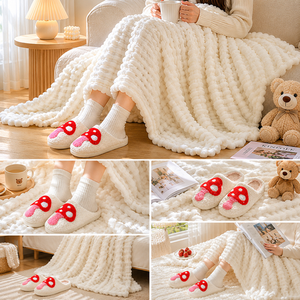 Mushroom-Themed Plush Slippers & Bubble Fleece Throw Blanket Set — A Cozy, Warm Winter Home Gift Bundle, Including Soft & Warm Indoor Slippers (Size AU 6-7) and a 100x150cm Flannel Throw Blanket