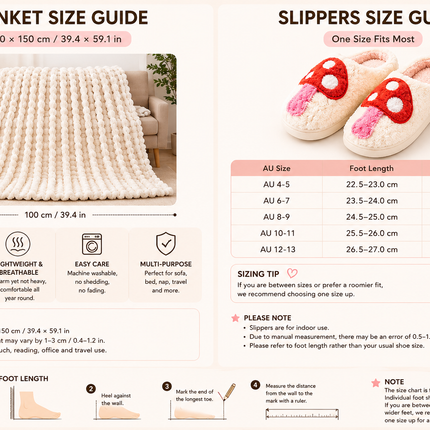 Mushroom-Themed Plush Slippers & Bubble Fleece Throw Blanket Set — A Cozy, Warm Winter Home Gift Bundle, Including Soft & Warm Indoor Slippers (Size AU 12-13) and a 100x150cm Flannel Throw Blanket