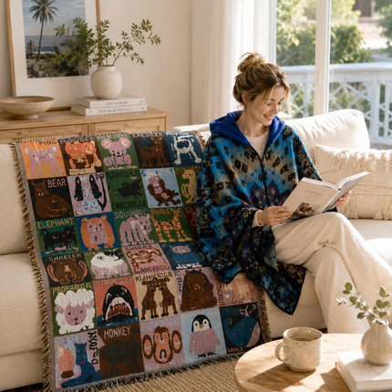 Blue Warm Hooded Poncho Shawl and Animal Pattern Throw Blanket Set for Sofa, Bed and Winter Lounging