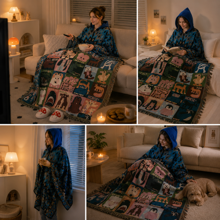 Blue Warm Hooded Poncho Shawl and Animal Pattern Throw Blanket Set for Sofa, Bed and Winter Lounging