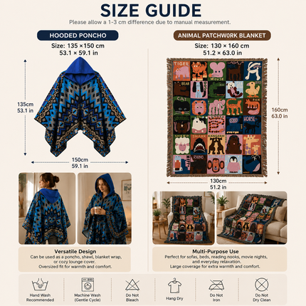 Blue Warm Hooded Poncho Shawl and Animal Pattern Throw Blanket Set for Sofa, Bed and Winter Lounging