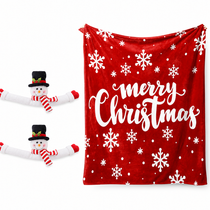 Christmas Flannel Throw Blanket and Snowman Curtain Tieback Set, 150*130cm Thick Fleece Sofa Blanket with 2 Plush Snowman Velcro Curtain Holders for Holiday Home Decor