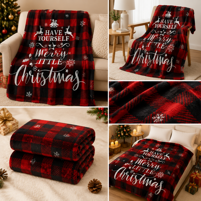 Christmas Home Comfort Set with Flannel Throw Blanket 130x150cm, Plush Indoor Slippers AU 4-5 and Santa Curtain Tiebacks, Cozy Holiday Gift Bundle