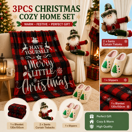 Christmas Home Comfort Set with Flannel Throw Blanket 130x150cm, Plush Indoor Slippers AU 6-7 and Santa Curtain Tiebacks, Cozy Holiday Gift Bundle