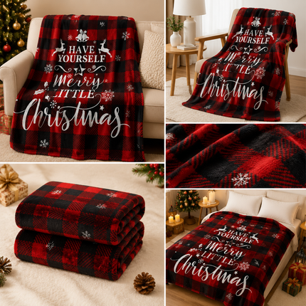 Christmas Home Comfort Set with Flannel Throw Blanket 130x150cm, Plush Indoor Slippers AU 10-11 and Snowman Curtain Tiebacks Set of 2, Festive Holiday Gift Bundle