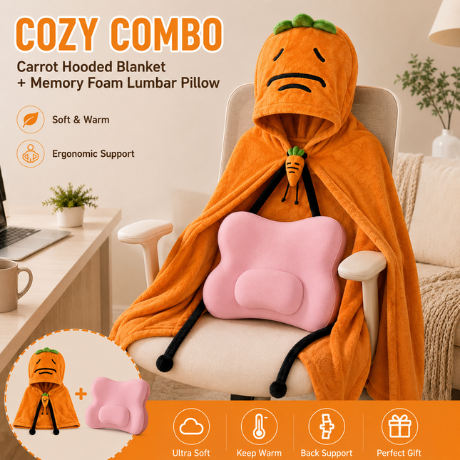 Carrot Hooded Blanket with Sakura Pink Memory Foam Lumbar Support Pillow Cozy Wearable Throw Blanket