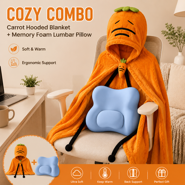 Carrot Hooded Blanket with Blue Memory Foam Lumbar Support Pillow Cozy Wearable Throw Blanket