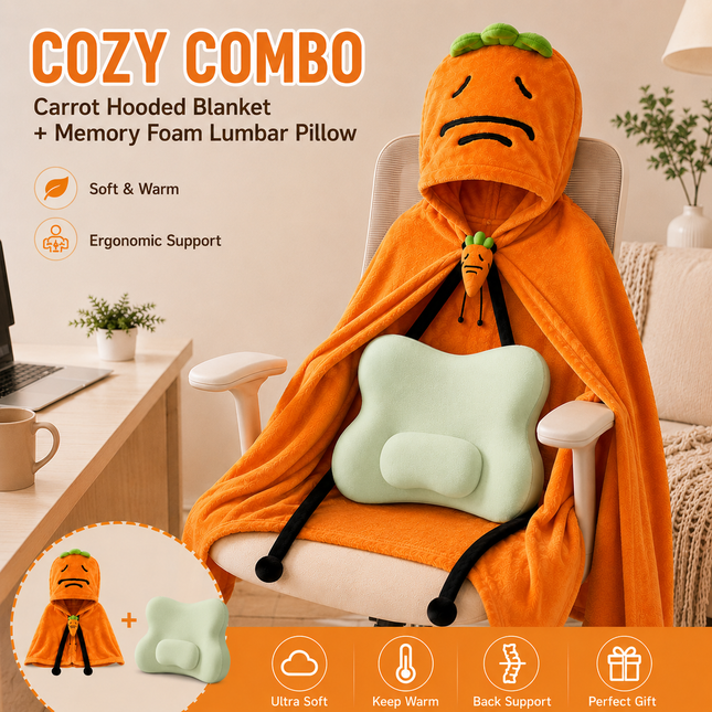 Carrot Hooded Blanket with Grey-green Memory Foam Lumbar Support Pillow Cozy Wearable Throw Blanket