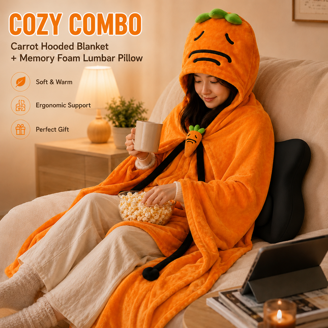 Carrot Hooded Blanket with Black Memory Foam Lumbar Support Pillow Cozy Wearable Throw Blanket – product detail