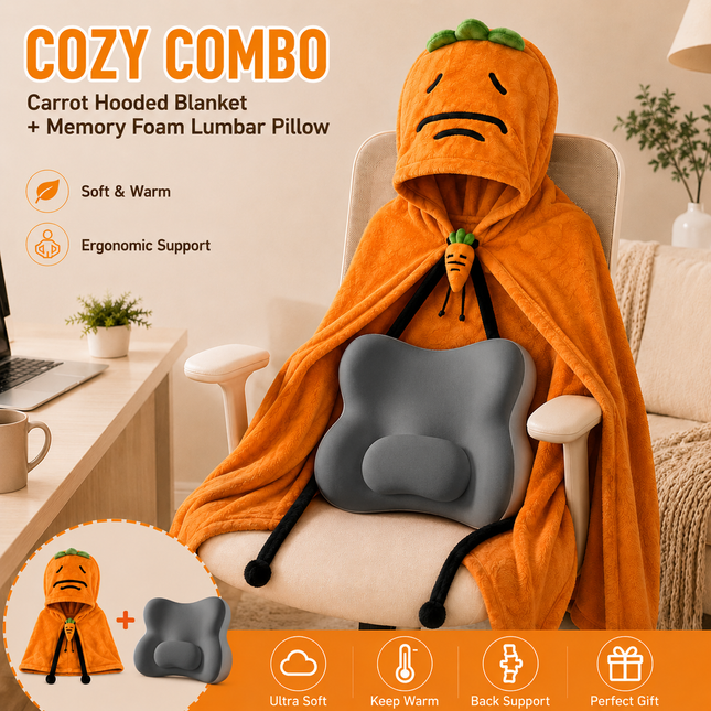 Carrot Hooded Blanket with Grey Memory Foam Lumbar Support Pillow Cozy Wearable Throw Blanket