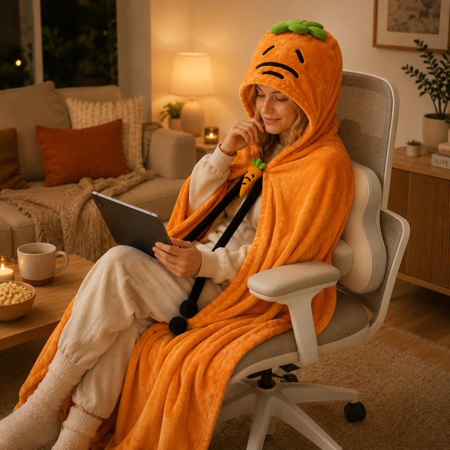 Carrot Hooded Blanket with Beige-grey Memory Foam Lumbar Support Pillow Cozy Wearable Throw Blanket – product detail