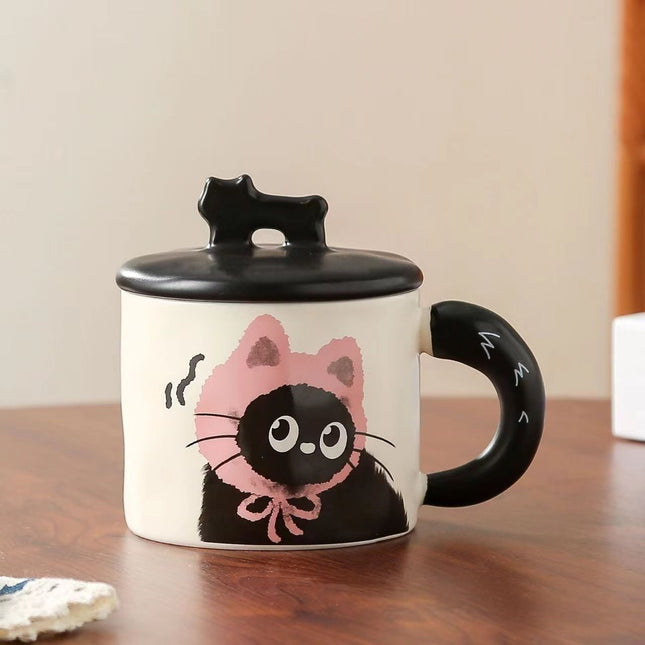 Pink Cute Cat Ceramic Mug with Lid 360ml Kawaii Coffee Cup Gift Set for Home Office Tea Cocoa and Hot Drinks