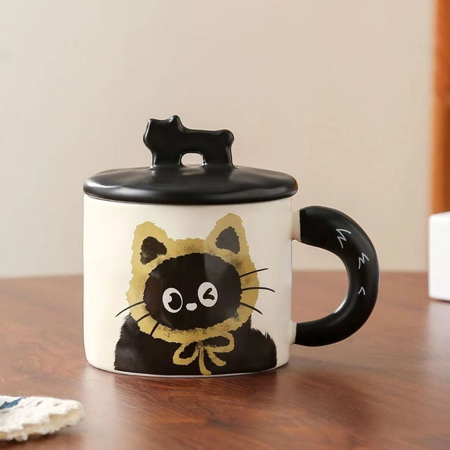 Yellow Cute Cat Ceramic Mug with Lid 360ml Kawaii Coffee Cup Gift Set for Home Office Tea Cocoa and Hot