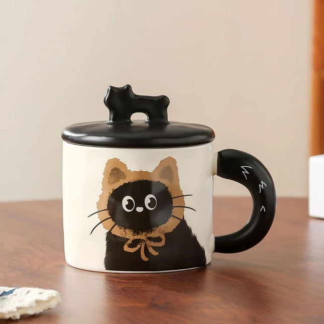 Brown Cute Cat Ceramic Mug with Lid 360ml Kawaii Coffee Cup Gift Set for Home Office Tea Cocoa and Hot