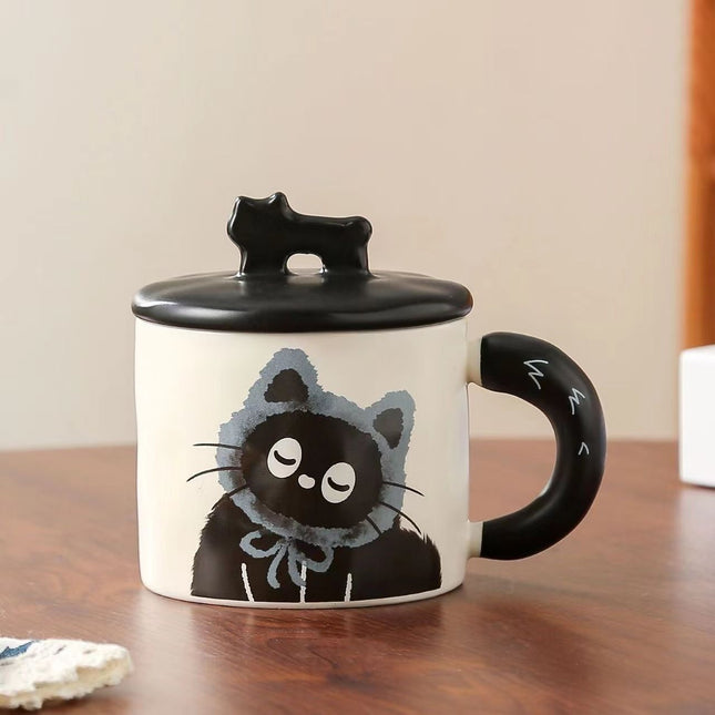 Blue Cute Cat Ceramic Mug with Lid 360ml Kawaii Coffee Cup Gift Set for Home Office Tea Cocoa and Hot Drinks