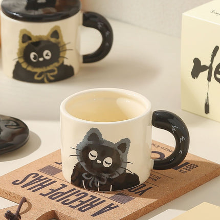 Blue Cute Cat Ceramic Mug with Lid 360ml, Kawaii Coffee Cup Gift Set for Home Office Tea Cocoa and Hot Drinks