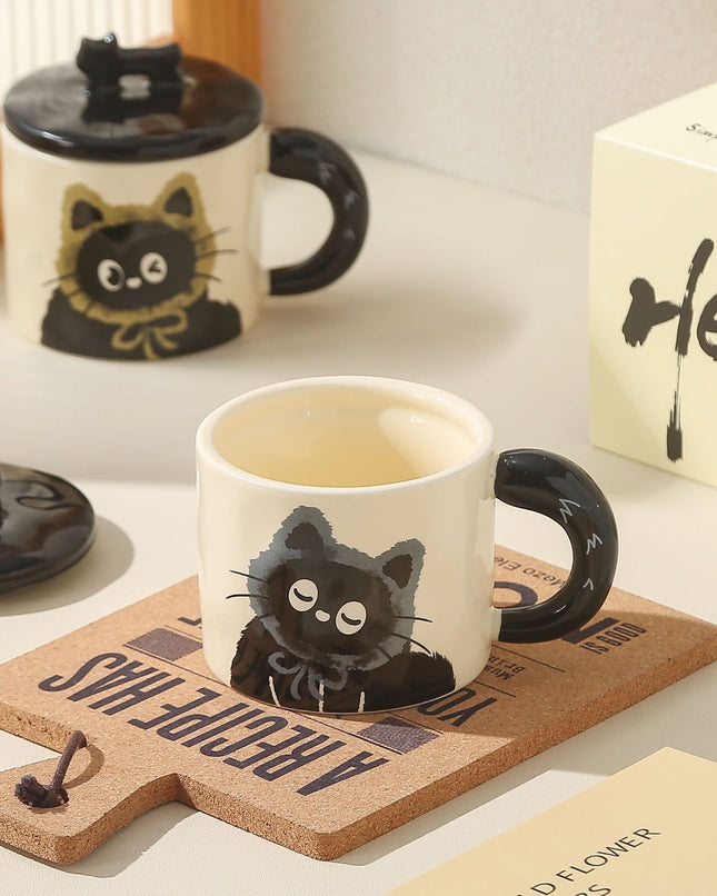 Blue Cute Cat Ceramic Mug with Lid 360ml Kawaii Coffee Cup Gift Set for Home Office Tea Cocoa and Hot – product detail