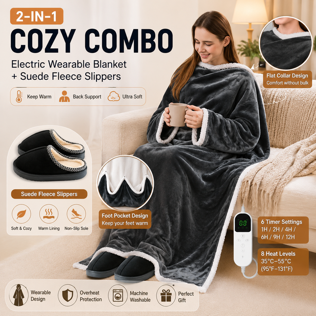 Wearable Electric Heated Blanket with Foot Pocket 127x177cm and Suede Fleece Slippers Set AU 9-10 Winter