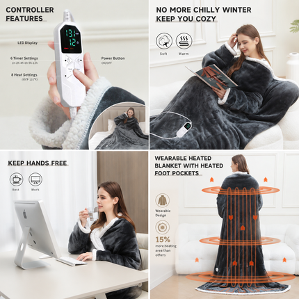 Wearable Electric Heated Blanket with Foot Pocket 127x177cm and Suede Fleece Slippers Set AU 11-12, Winter Warm Home Comfort Bundle