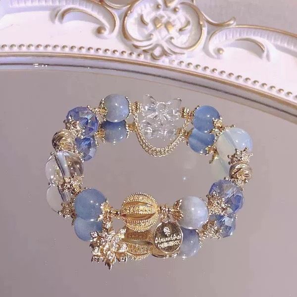 Blue Crystal Snowflake Charm Bracelet for Women Elastic Beaded Christmas Gift Bracelet Elegant Everyday