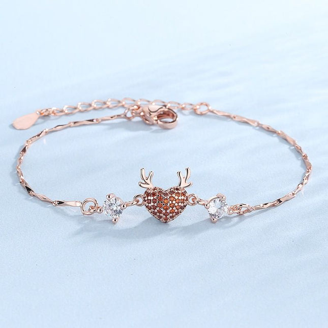 Rose Gold Reindeer Heart Bracelet for Women Christmas Deer Antler Charm Jewellery Adjustable Festive Gift