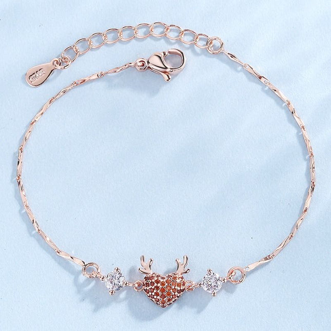 Rose Gold Reindeer Heart Bracelet for Women Christmas Deer Antler Charm Jewellery Adjustable Festive Gift – product detail