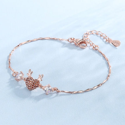 Rose Gold Reindeer Heart Bracelet for Women, Christmas Deer Antler Charm Jewellery, Adjustable Festive Gift Bracelet