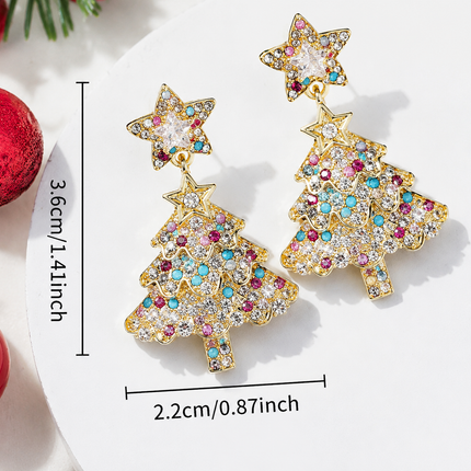 Women's Colorful Star-Shaped Christmas Tree Earrings – Sparkling Rhinestone Statement Earrings for the Holidays – Festive Party Jewelry Gift