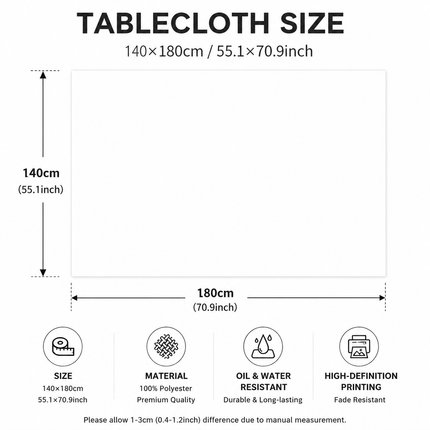 Christmas Waterproof Tablecloth (Snowflake pattern)140 x 180cm Festive Holiday Dining Table Cover – shape and profile