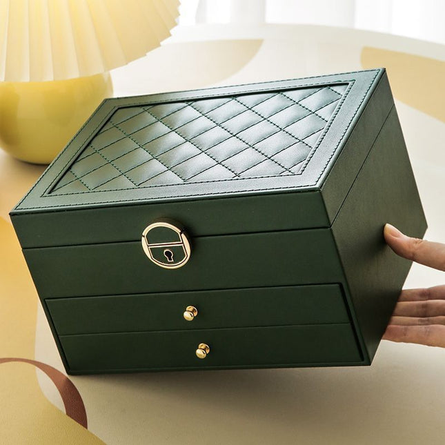 Dark Green Large Lockable Jewellery Box with 3 Drawers PU Leather Jewellery Organiser Case for Rings – product detail