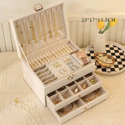 White Large Lockable Jewellery Box with 3 Drawers PU Leather Jewellery Organiser Case for Rings Earrings Necklaces Watches and Bracelets