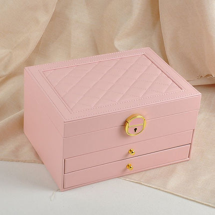 Pink Large Lockable Jewellery Box with 3 Drawers PU Leather Jewellery Organiser Case for Rings Earrings Necklaces Watches and Bracelets