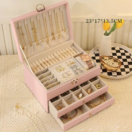 Pink Large Lockable Jewellery Box with 3 Drawers PU Leather Jewellery Organiser Case for Rings Earrings Necklaces Watches and Bracelets